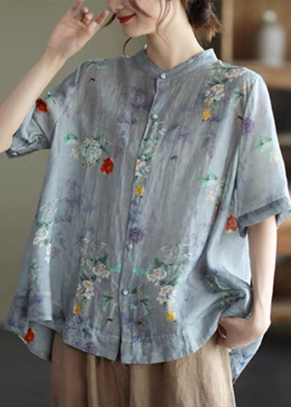 Colorful Geometry Stand Collar Print Tops Half Sleeve