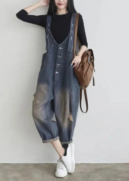 Blue V Neck Patchwork Button Jumpsuit Summer