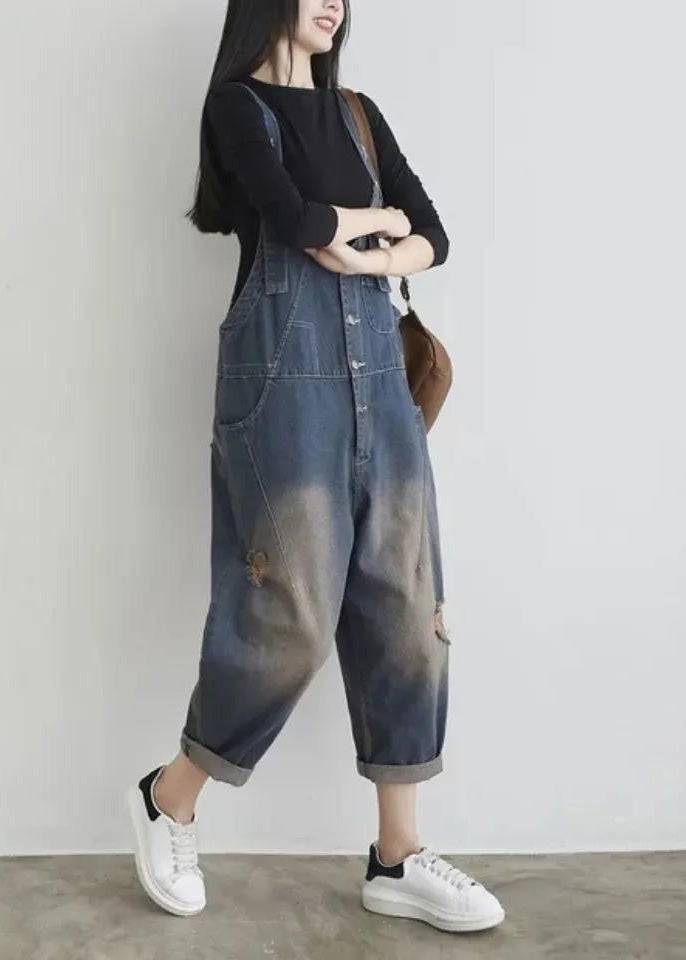 Blue V Neck Patchwork Button Jumpsuit Summer