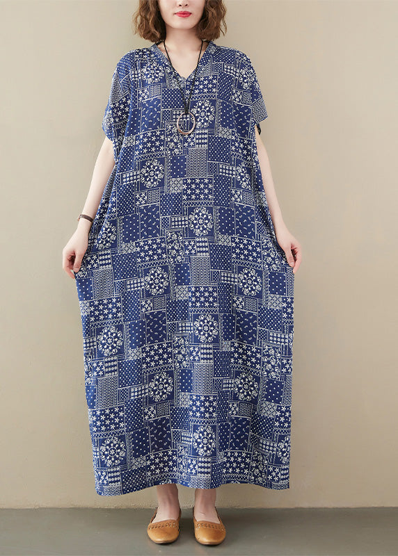 Blue V Neck Print Cotton Beach Long Dress Short Sleeve