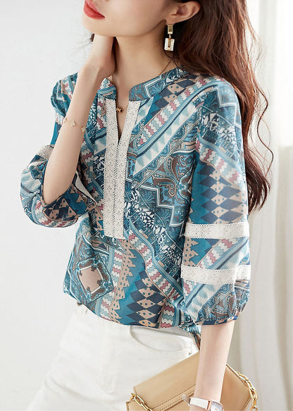 Blue V Neck Print Lace Patchwork Chiffon Shirt Top Summer