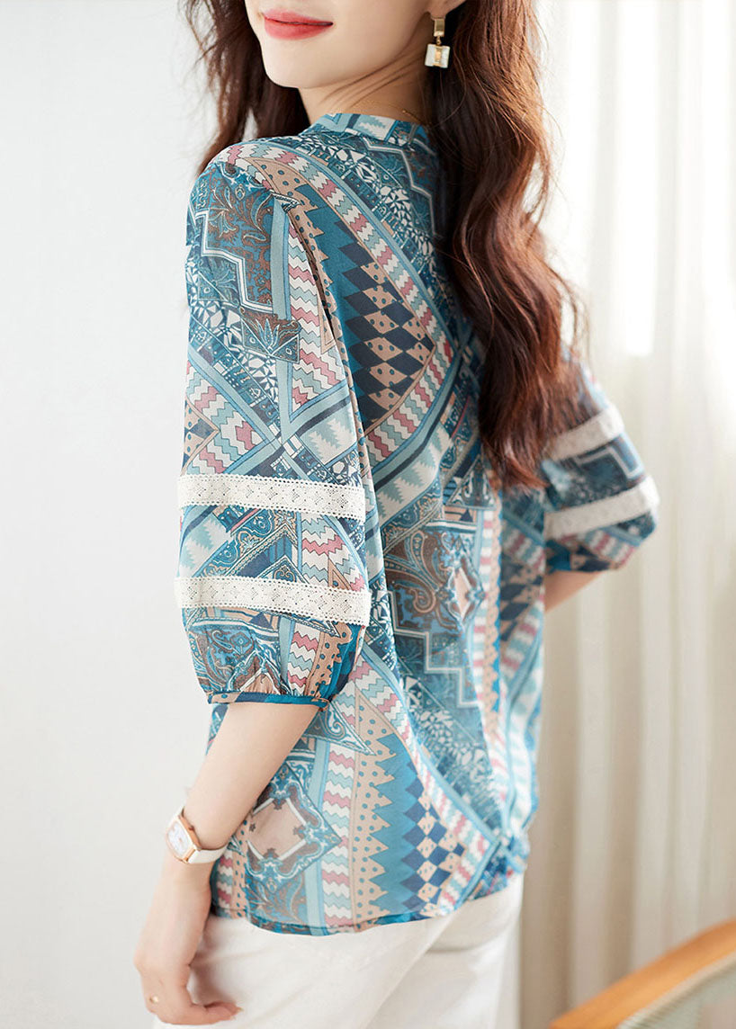 Blue V Neck Print Lace Patchwork Chiffon Shirt Top Summer
