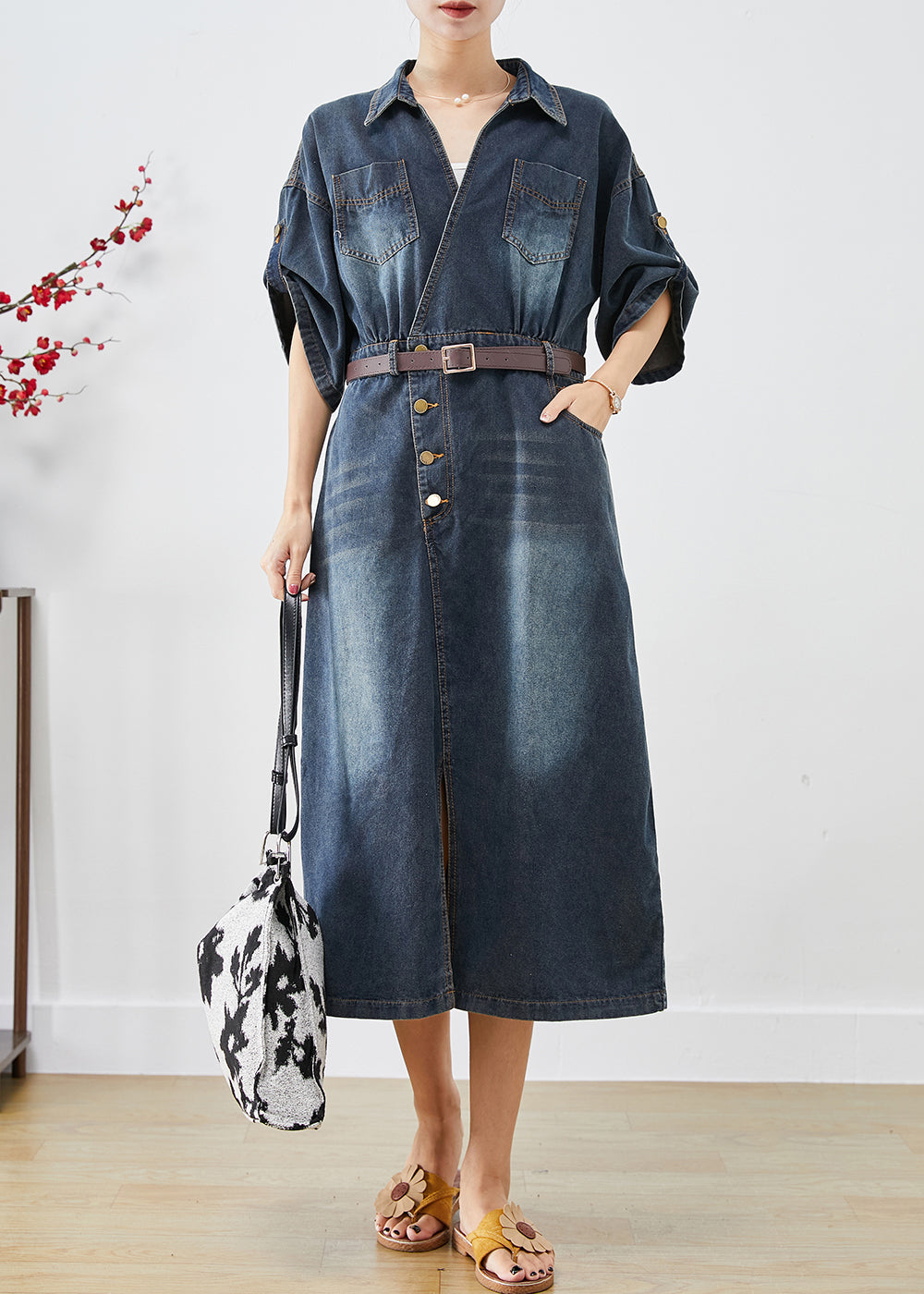 Blue V Neck Side Open Denim Long Dress Fall