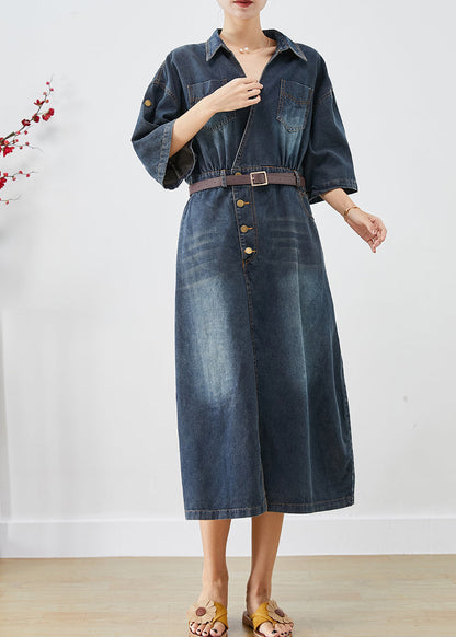 Blue V Neck Side Open Denim Long Dress Fall