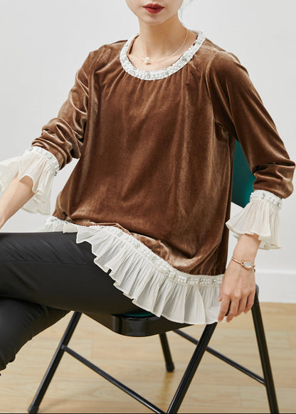 Brown Nail Bead Patchwork Silk Velour Tops Flare Sleeve