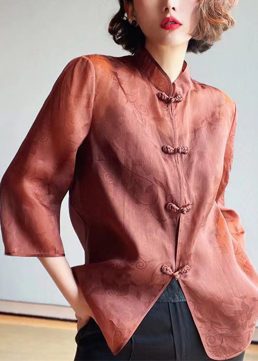 Brown Stand Collar Button Print Silk Blouses Summer