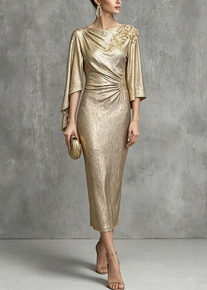 Champagne Asymmetrical Design Zircon Wrinkled Dress Summer