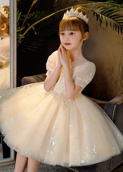Champagne Sequins Patchwork Nail Bead Tulle Kids Mid Dress Summer