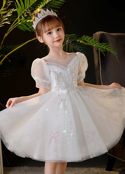 Champagne Sequins Patchwork Nail Bead Tulle Kids Mid Dress Summer