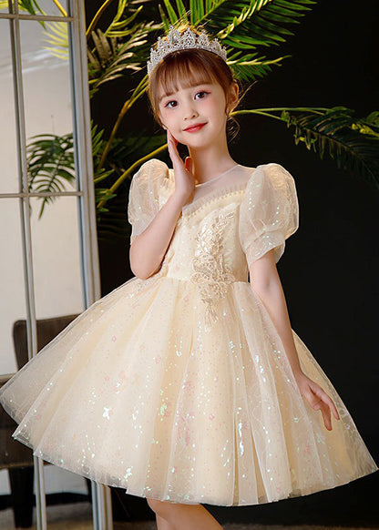 Champagne Sequins Patchwork Nail Bead Tulle Kids Mid Dress Summer
