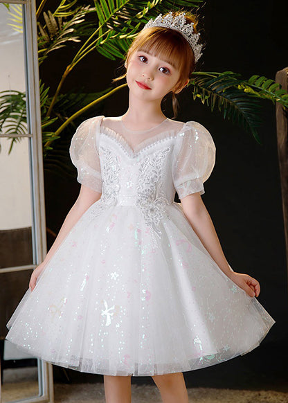 Champagne Sequins Patchwork Nail Bead Tulle Kids Mid Dress Summer