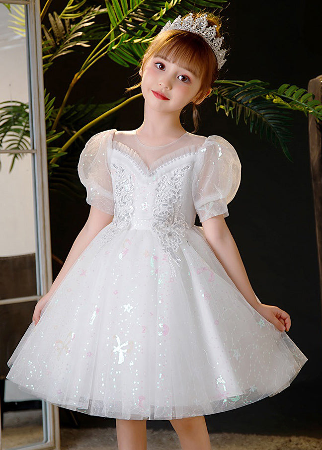 Champagne Sequins Patchwork Nail Bead Tulle Kids Mid Dress Summer