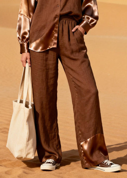 Chocolate Asymmetrical Patchwork Linen Two Piece Suit Set Spring