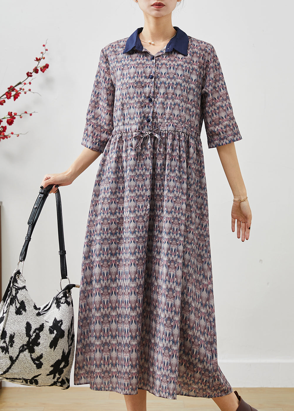 Cinched Print Cotton Long Dress Half Sleeve