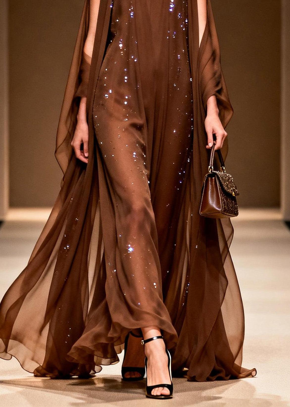 Coffee Cold Shoulder Zircon Chiffon Maxi Dresses Sleeveless