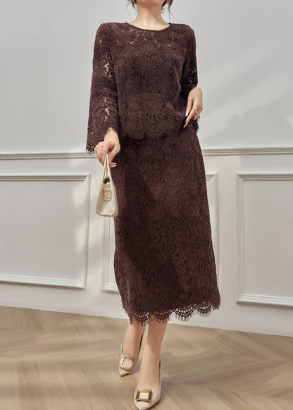 Coffee O Neck Hollow Out Lace Two Pieces Set Fall