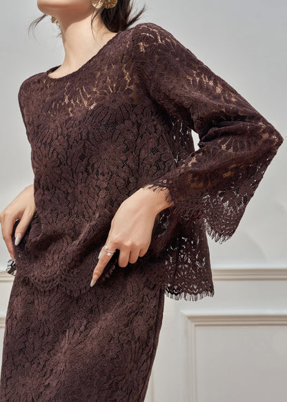Coffee O Neck Hollow Out Lace Two Pieces Set Fall