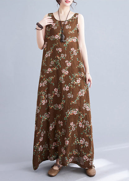 Coffee O-neck Print Linen Beach Dresses Sleeveless