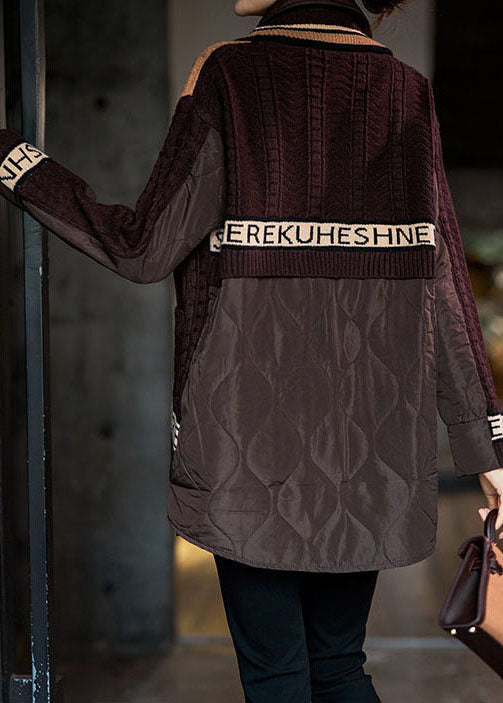 Chocolate Peter Pan Collar Knit Patchwork Fine Cotton Filled Shirt Top Winter
