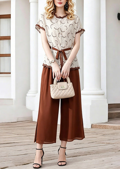 Coffee Tie Waist Chiffon Tops and Crop Pants Two Piece Set Short Sleeve