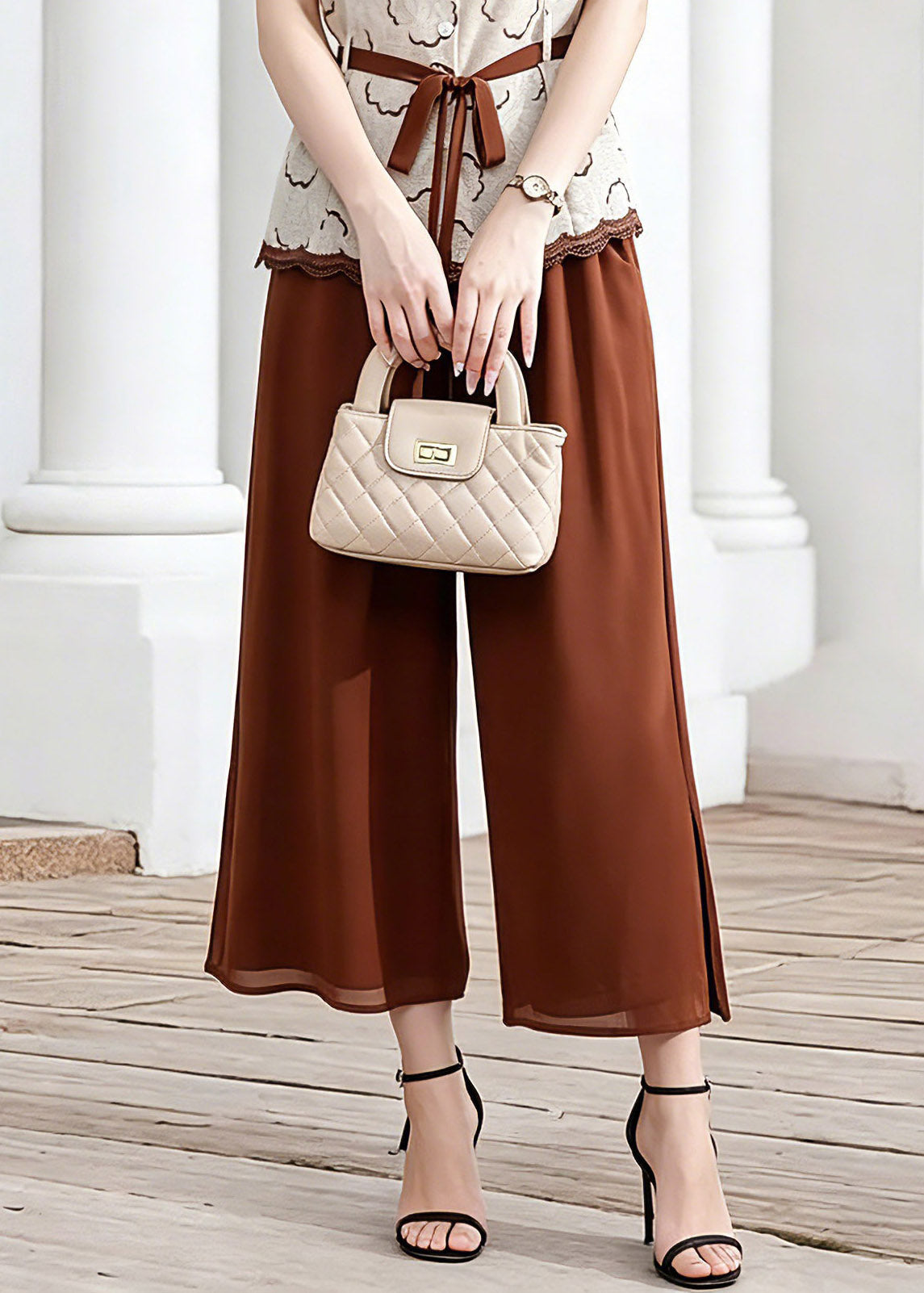 Coffee Tie Waist Chiffon Tops and Crop Pants Two Piece Set Short Sleeve