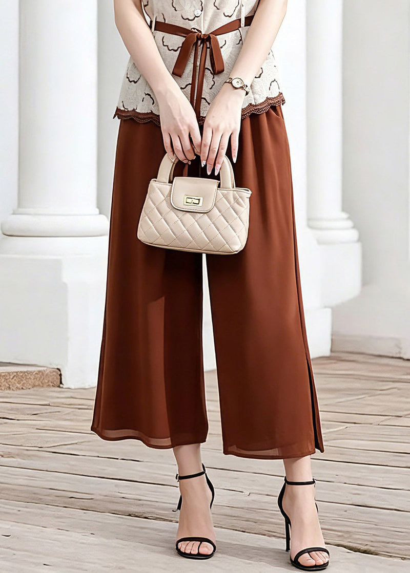 Coffee Tie Waist Chiffon Tops and Crop Pants Two Piece Set Short Sleeve