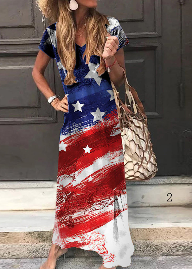 Colorblock O-neck National Flag Print Cotton Beach Dresses Short Sleeve