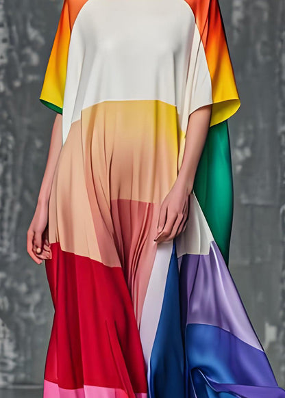 Colorblock O Neck Silk Dresses Summer