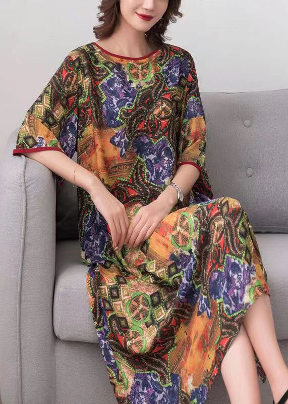 Colorblock O Neck Print Patchwork Chiffon Dress Summer
