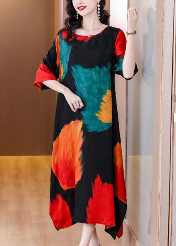 Colorblock O Neck Print Patchwork Silk Dress Summer