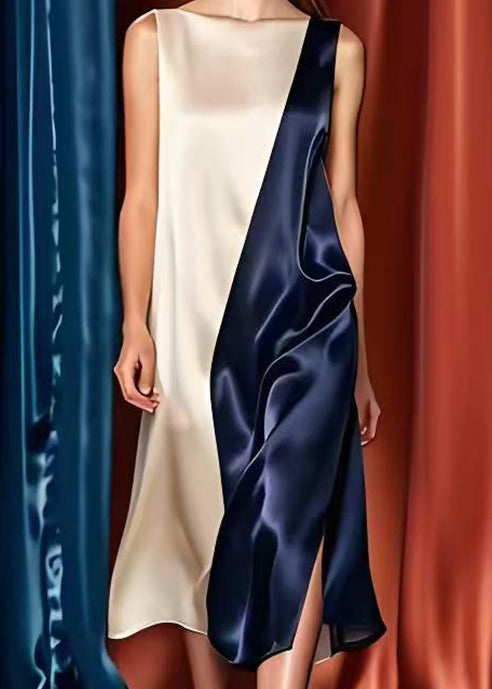 Colorblock Oversized Patchwork Side Open Silk Long Dresses Summer