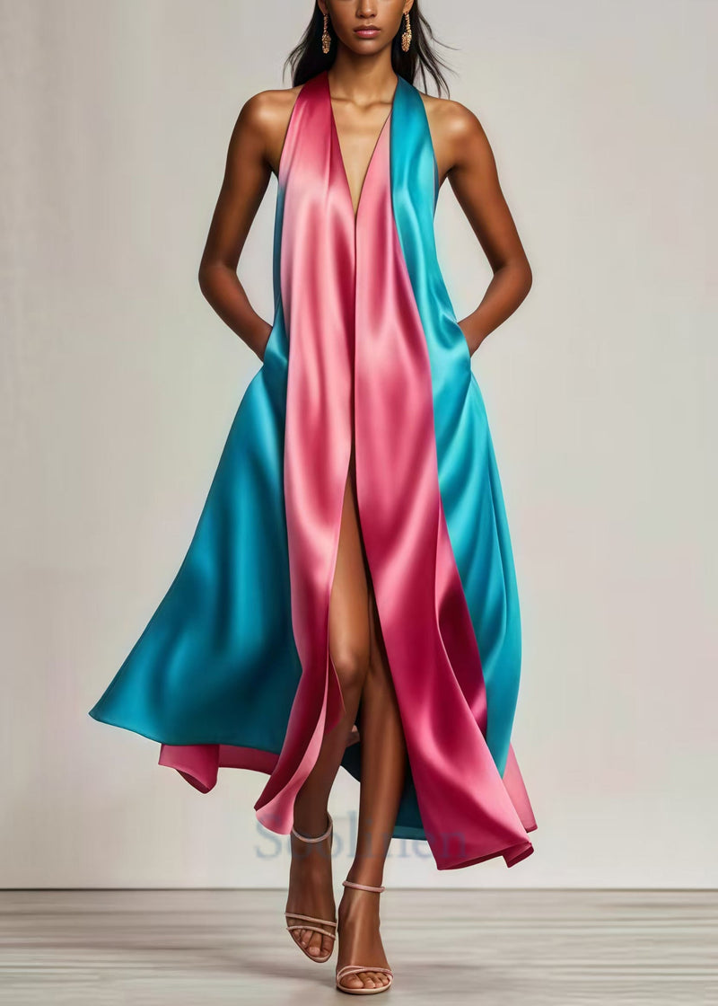 Colorblock Patchwork Side Open Silk Vestidos Dress Summer