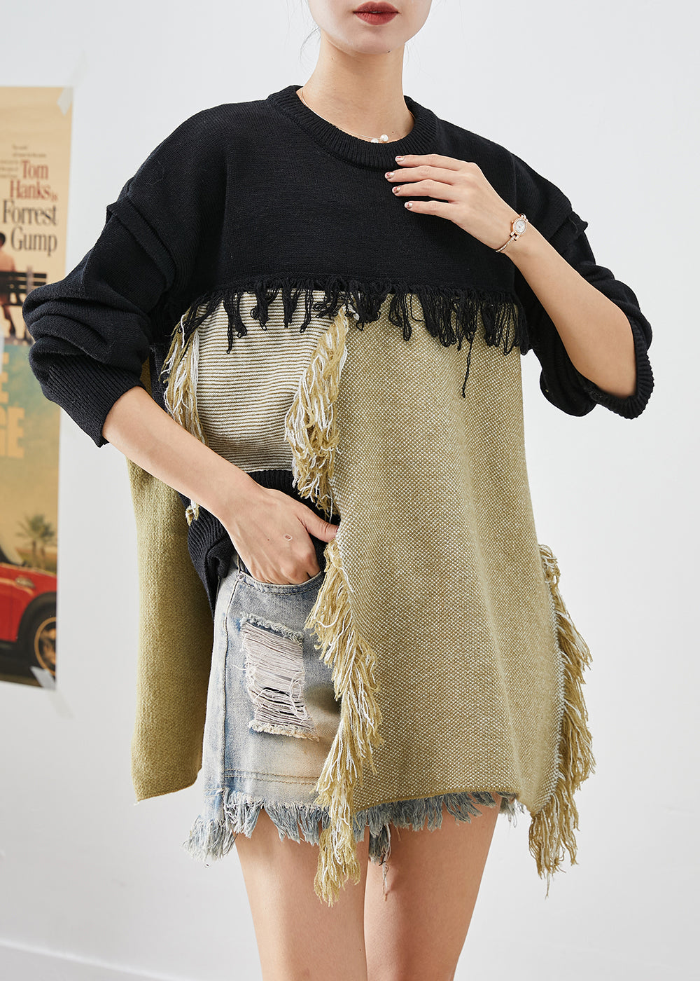 Colorblock Tasseled Patchwork Knitted Tops Fall