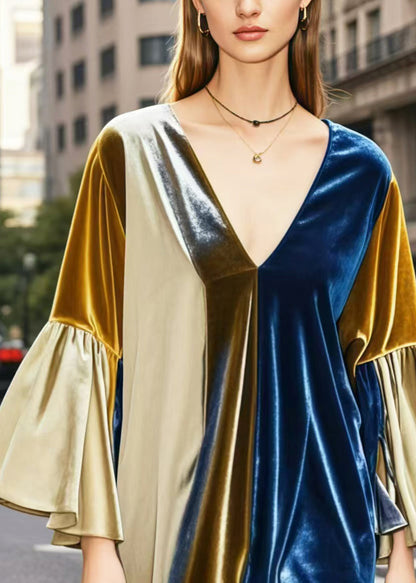 Colorblock V Neck Patchwork Silk Velvet Mid Dresses Spring