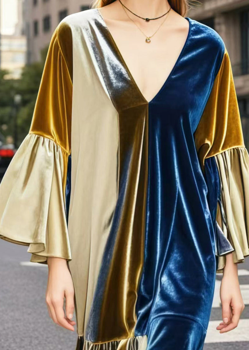 Colorblock V Neck Patchwork Silk Velvet Mid Dresses Spring