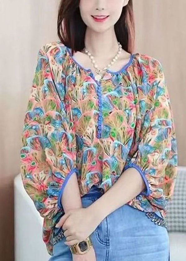 Colorblock V Neck Print Chiffon Shirt Tops Summer