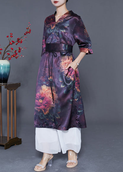Dark Purple V Neck Print Silk Long Dress Summer