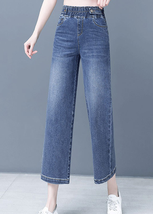 Denim Blue Patchwork Elastic Waist Crop Wide Leg Pants