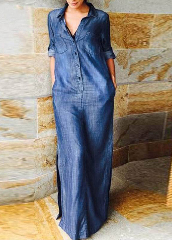 Denim Blue Peter Pan Collar Patchwork Pockets Maxi Shirts Dresses Long Sleeve