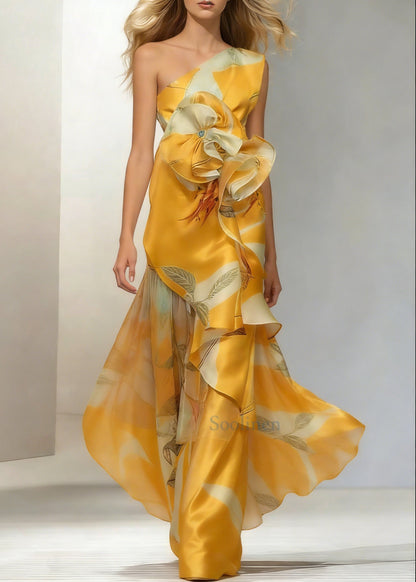 Flounce Oblique Collar Evening Dresses