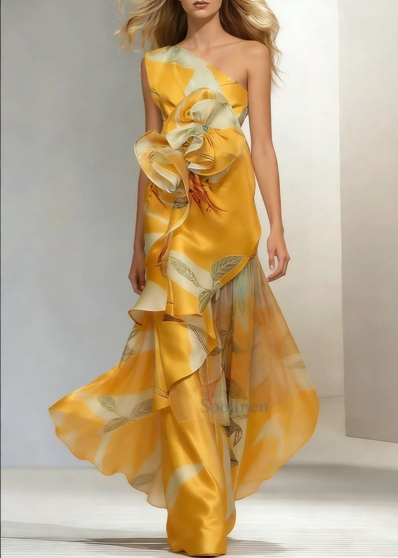 Flounce Oblique Collar Evening Dresses