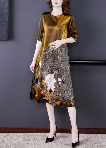 Gold O Neck Print Patchwork Silk Dress Summer