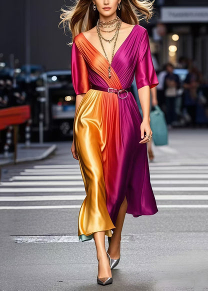 Gradient Color Cinched Tie Dye Silk Dress Summer