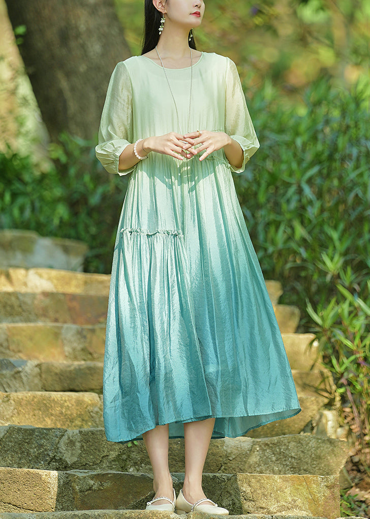 Gradient Color O-neck Ruffled Cotton Long Dresses Bracelet Sleeve