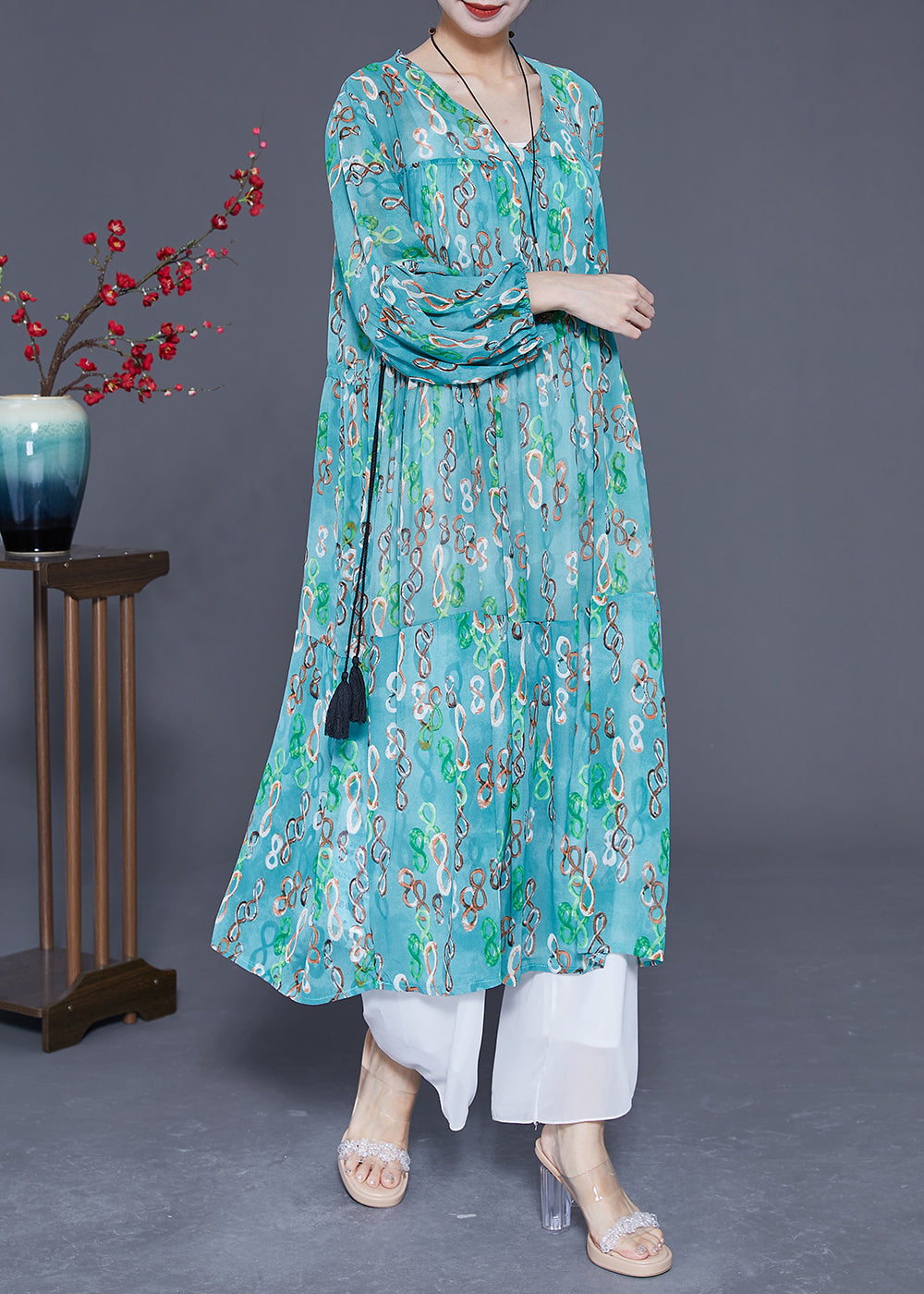 Green Cinched Print Chiffon Long Dresses Summer