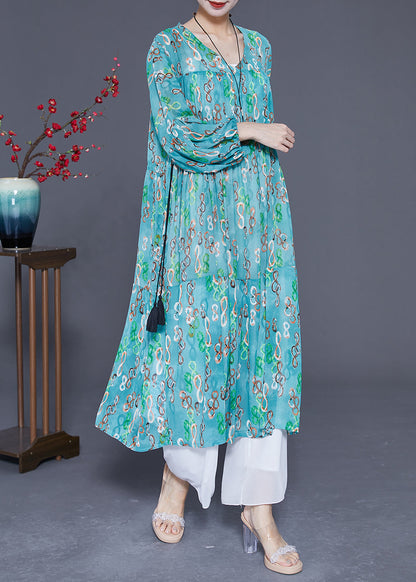 Green Cinched Print Chiffon Long Dresses Summer