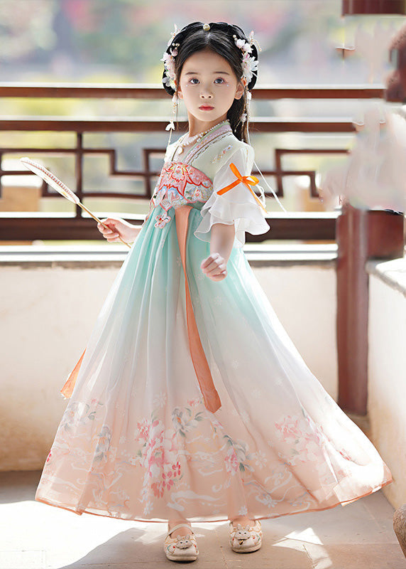 Green Embroideried Print Tassel Kids Long Dress Summer