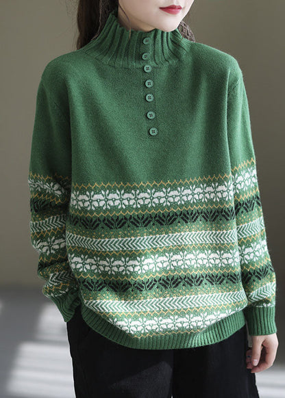 Green High Neck Print Knit Pullover Spring