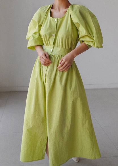 Green O-neck Button Pockets Wrinkled Cotton Long Dress Puff Sleeve