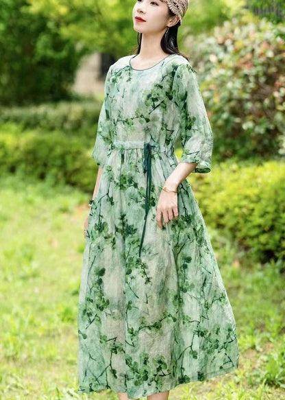 Green O Neck Drawstring Patchwork Long Linen Dress Summer